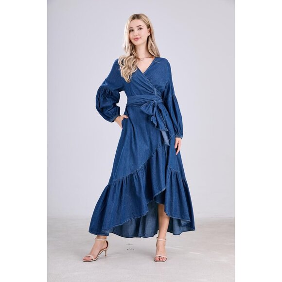 Women's Denim Maxi Dress Cotton Belted V-Neck Ruffle Hem Casual Elegant - Picture 3 of 8
